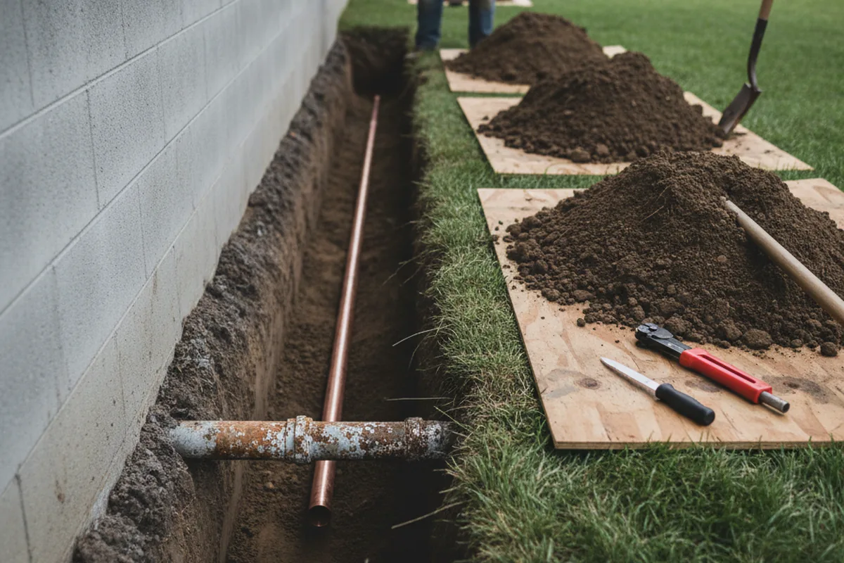 Excavated water line trench during Water Heater Repair in Genoa